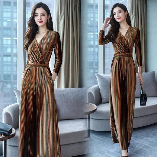 CQ-ZMFS88083新款时尚气质百搭V领长袖高腰条纹连体裤 商品图0