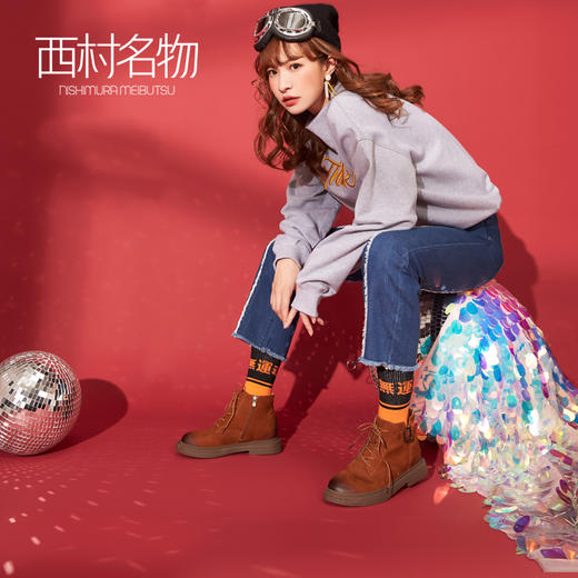 西村名物英伦复古马丁靴女秋季新款短靴女平底牛皮靴子T283M41701 商品图3
