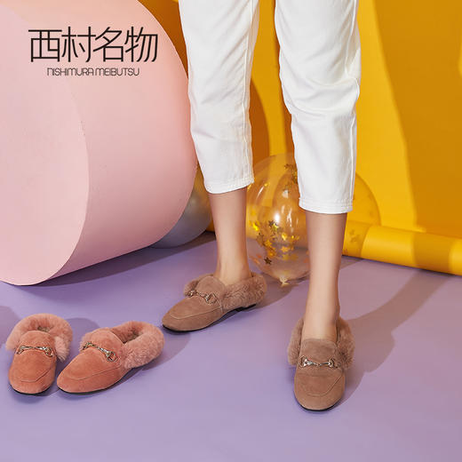 西村名物2020冬季新款毛毛鞋女穆勒拖鞋时尚平底圆头加绒鞋T29CM33391 商品图0