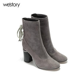 westory秋季瘦瘦冬靴粗跟尖头短筒女短靴高跟鞋W274S80501