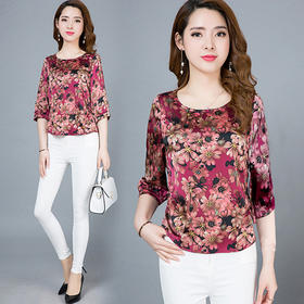 AYY-1143-KC春夏仿真丝女圆领七分袖碎花小衫
