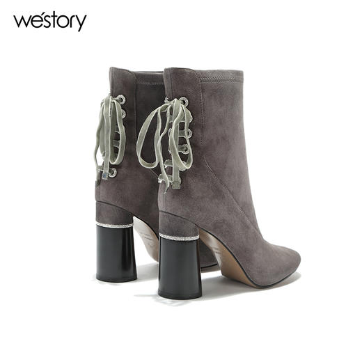 westory秋季瘦瘦冬靴粗跟尖头短筒女短靴高跟鞋W274S80501 商品图2