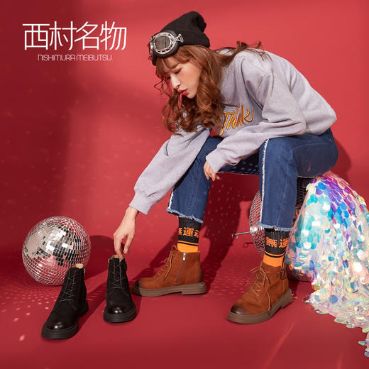 西村名物英伦复古马丁靴女秋季新款短靴女平底牛皮靴子T283M41701 商品图0