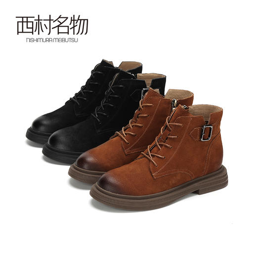 西村名物英伦复古马丁靴女秋季新款短靴女平底牛皮靴子T283M41701 商品图1