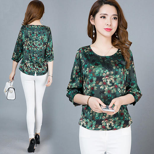 AYY-1143-KC春夏仿真丝女圆领七分袖碎花小衫 商品图2