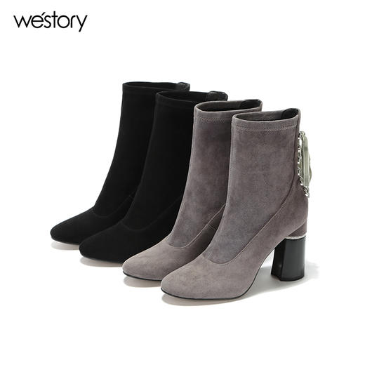 westory秋季瘦瘦冬靴粗跟尖头短筒女短靴高跟鞋W274S80501 商品图4