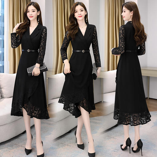 WZNH-GJC2927秋季新款女装时尚气质修身荷叶边蕾丝拼接连衣裙 商品图1