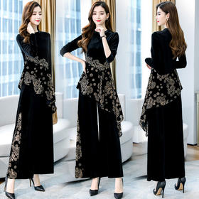 WZNH-MSY1030秋季丝绒阔腿裤套装时尚减龄洋气名媛两件套