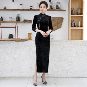 XL-2238日常改良中国风长款七分袖丝绒旗袍