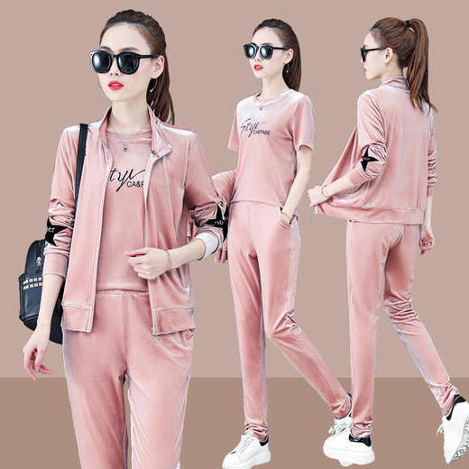 SP-701621新款时尚显瘦宽松休闲丝绒运动套装三件套 商品图3