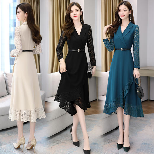 WZNH-GJC2927秋季新款女装时尚气质修身荷叶边蕾丝拼接连衣裙 商品图0