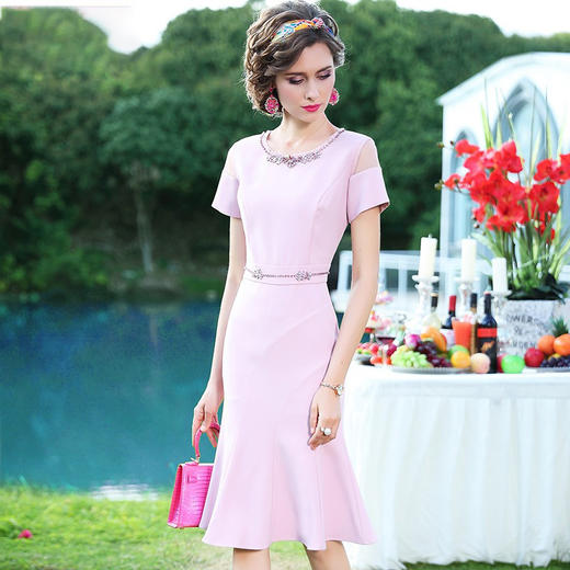 FMY-F20XL31415轻熟风连衣裙女夏装时尚气质修身钉珠中长款鱼尾裙 商品图1