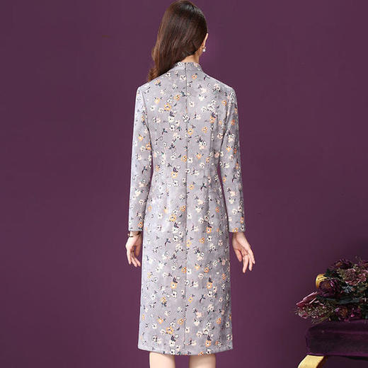 WXY-W-JR-3639新款中国风优雅气质修身立领长袖印花开叉连衣裙TZF 商品图2