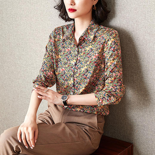 KQL-515T2152碎花仿真丝衬衫女韩版百搭小众休闲雪纺衫 商品图0