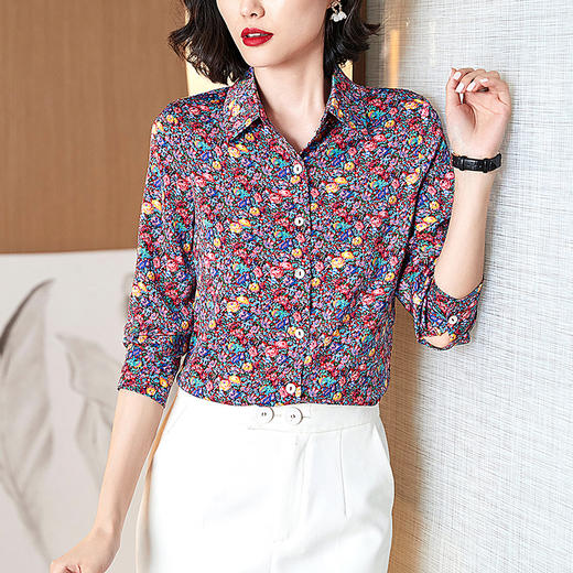 KQL-515T2152碎花仿真丝衬衫女韩版百搭小众休闲雪纺衫 商品图3