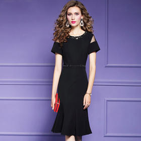 FMY-F20XL31415轻熟风连衣裙女夏装时尚气质修身钉珠中长款鱼尾裙