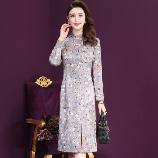 WXY-W-JR-3639新款中国风优雅气质修身立领长袖印花开叉连衣裙TZF 商品图1