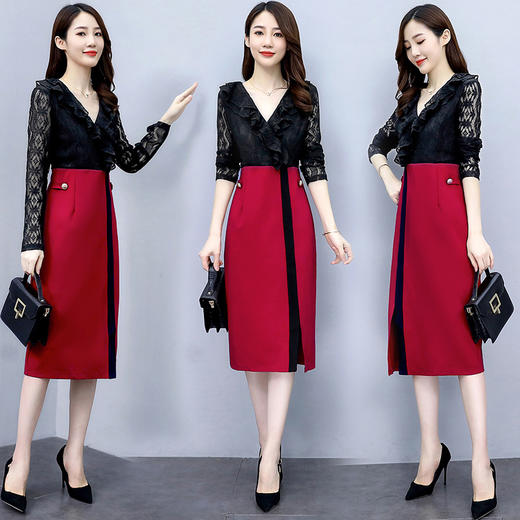 WZNH-MX2030秋季时尚优雅蕾丝拼接连衣裙 商品图1