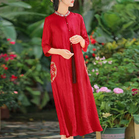 KDS1267新款时尚优雅气质立领七分袖高端醋酸刺绣连衣裙