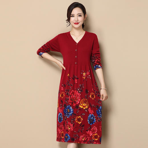 上海旗袍厂EE-ED21195F6-D    V领长袖印花羊毛绒衫连衣裙秋冬针织衫毛衣裙国风中长款羊毛衫女 商品图4