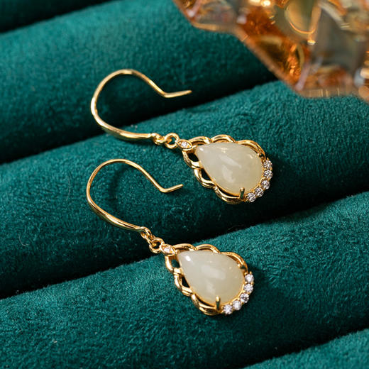 S925纯银镀金，天然和田玉个性百搭水滴形耳坠CW 商品图2