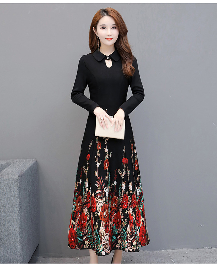 wetyh7001印花连衣裙女中长款过膝长袖大码