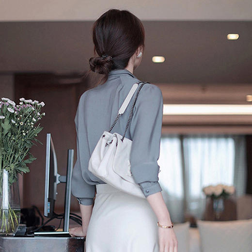 【法式优雅风】蝴蝶结波点 雪纺植绒长袖衬衫 & 白色高腰伞裙 显瘦气质 半身裙 商品图12