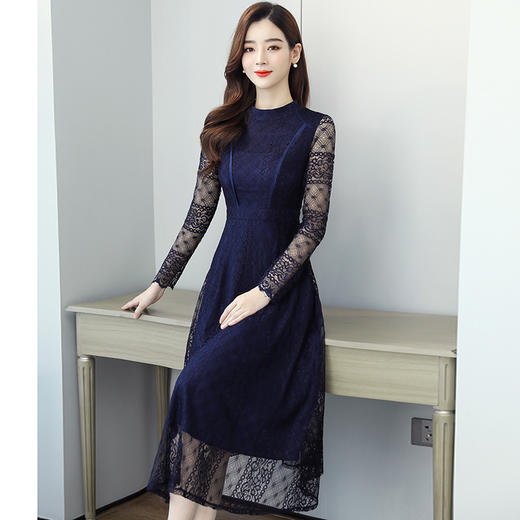 WZNH-ALYI6338秋季新款时尚气质圆领蕾丝连衣裙 商品图1
