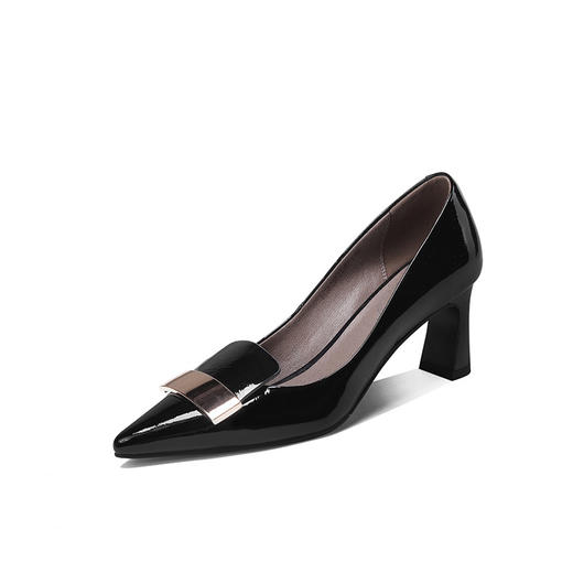 KBY-K524粗跟尖头浅口单鞋女真皮金属装饰高跟女鞋 商品图3