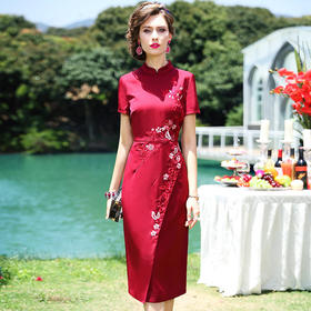 FMY-F20XL31206改良旗袍式连衣裙中国风立领绣花修身开叉裙