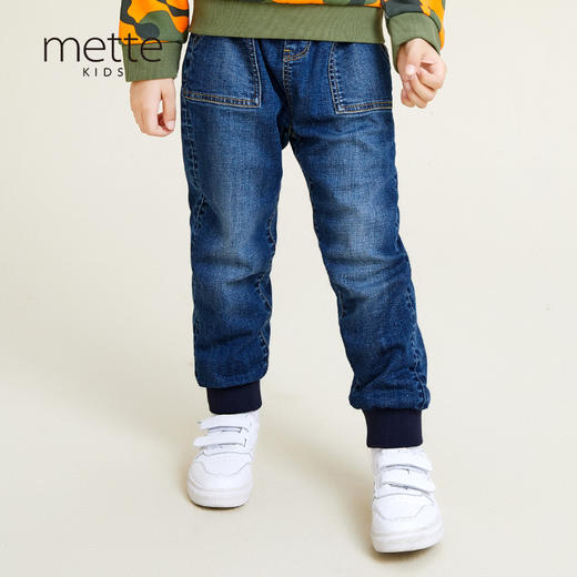 METTE童装中大童男加厚加绒水洗牛仔裤小直筒保暖松紧腰休闲裤子 商品图2