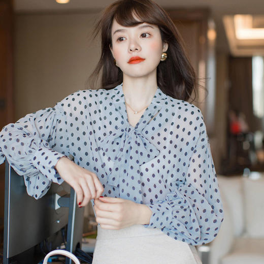 【法式优雅风】蝴蝶结波点 雪纺植绒长袖衬衫 & 白色高腰伞裙 显瘦气质 半身裙 商品图6