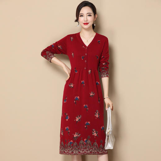 上海旗袍厂EE-ED21195F6-D    V领长袖印花羊毛绒衫连衣裙秋冬针织衫毛衣裙国风中长款羊毛衫女 商品图11