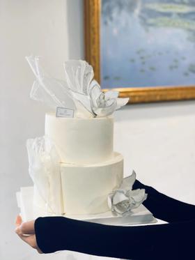 婚礼简约纯白求婚手工糖花奶油生日蛋糕