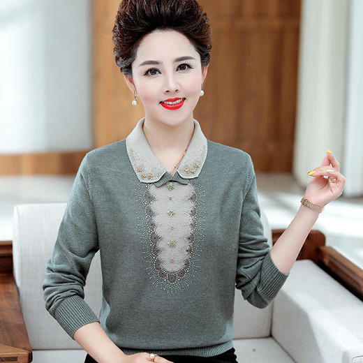 P-dql1932秋季新款翻领烫钻加肥加大妈妈装针织衫 商品图1