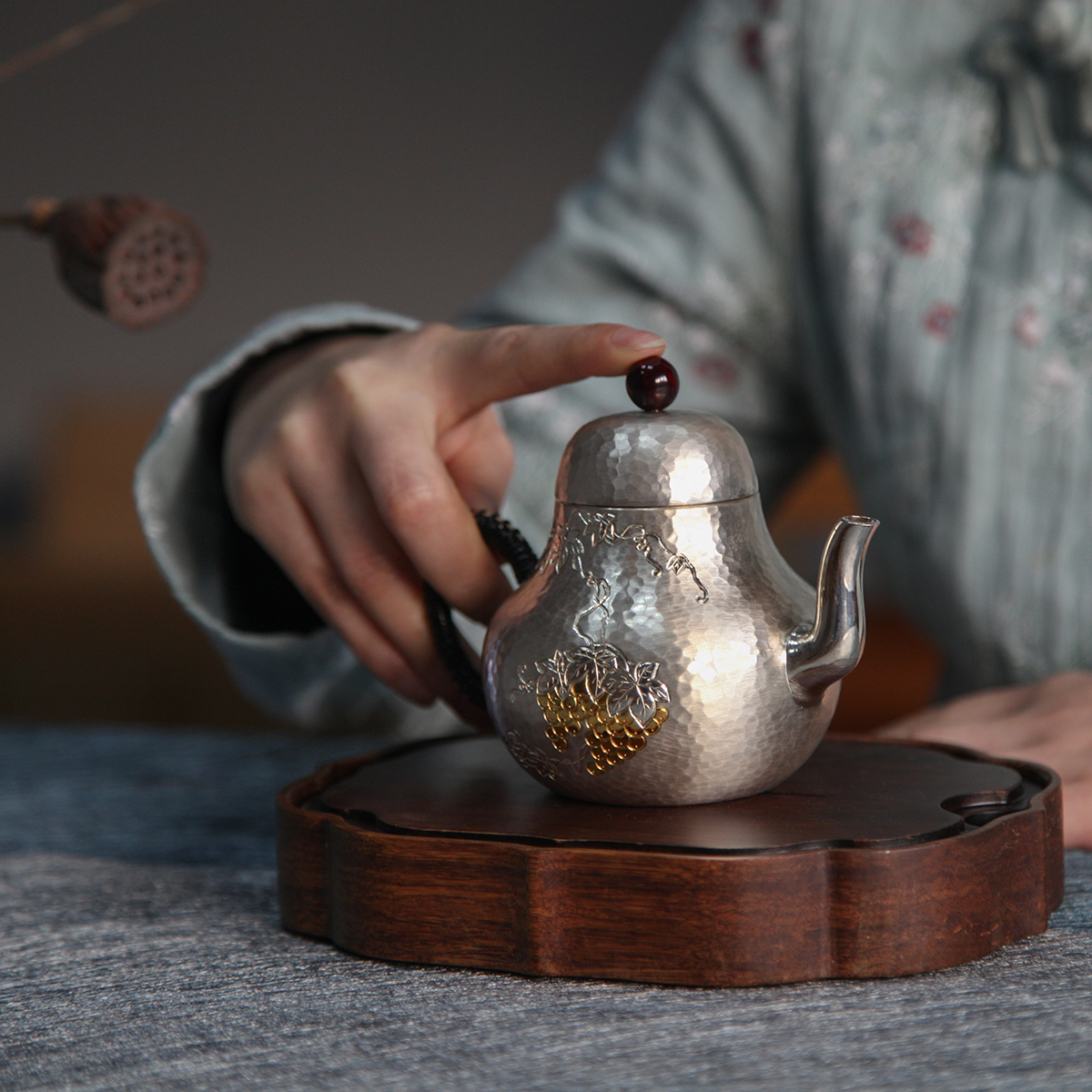 纯手工银壶茶道泡茶壶急须纯银s999烧水壶思亭硕果图急须