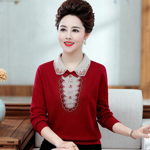 P-dql1932秋季新款翻领烫钻加肥加大妈妈装针织衫 商品图3