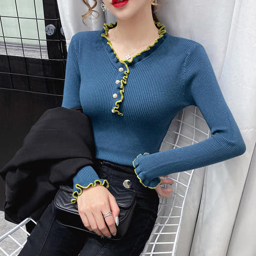 HZX-31029.23192020秋季新款撞色木耳边针织衫 商品图0