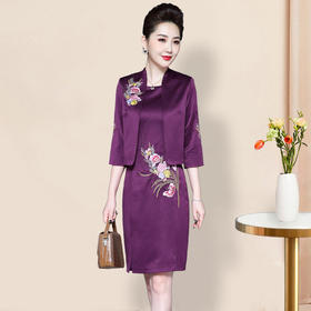 LC-2057套装妈妈装秋套装缎面连衣裙两件套