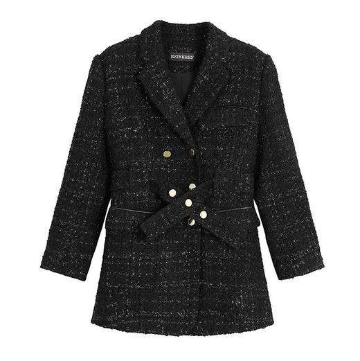 黑色亮丝花呢宽肩西装外套 商品图1