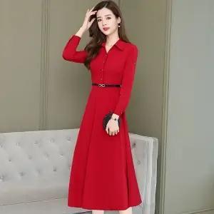 JXG -中长款连衣裙女2020春装新款韩版收腰气质阔太太大码长袖打底裙 商品图1