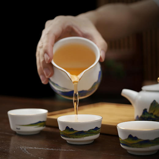 千里江山 6头+木托盘 茶具套装 手绘羊脂玉新款整套功夫茶具家用德化白瓷客厅泡茶办公室会客盖碗茶杯 茶道 茶具 商品图2