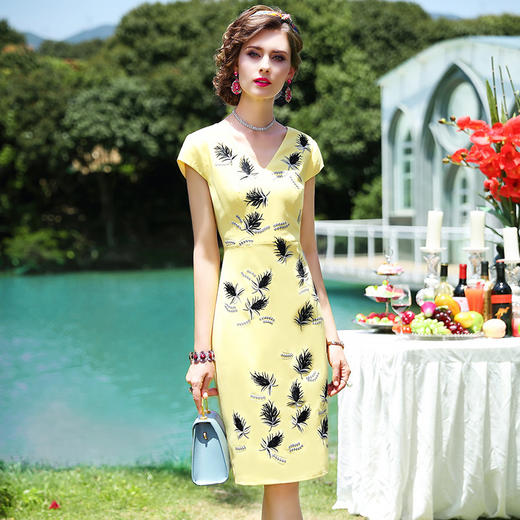 FMY-F20XL31199绣花连衣气质V领修身一步裙 商品图0