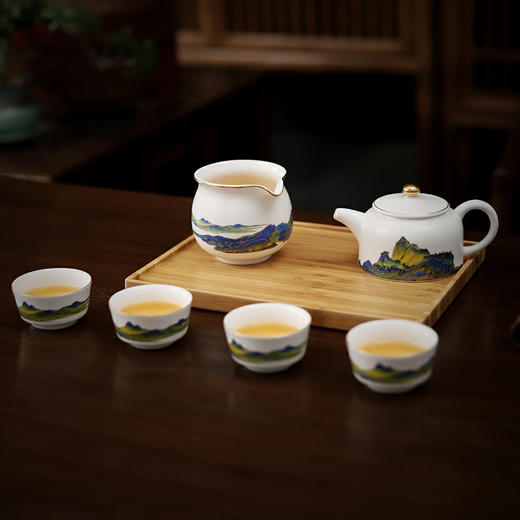 千里江山 6头+木托盘 茶具套装 手绘羊脂玉新款整套功夫茶具家用德化白瓷客厅泡茶办公室会客盖碗茶杯 茶道 茶具 商品图4