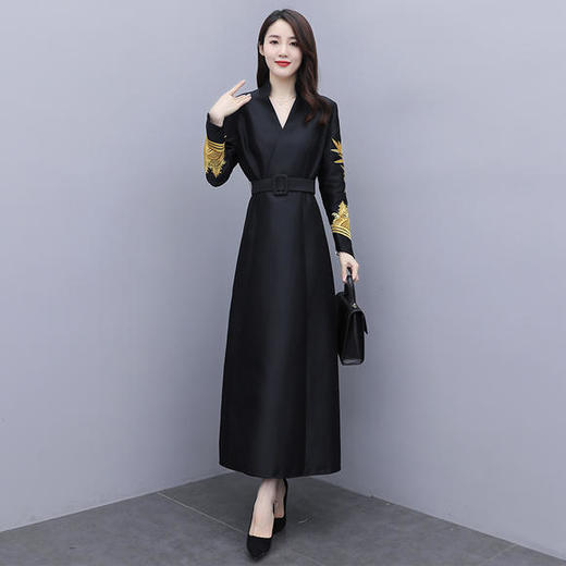 WZNH-HYYF9716优雅气质V领常规长袖长款长袖风衣连衣裙 商品图3