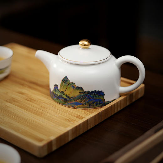 千里江山 6头+木托盘 茶具套装 手绘羊脂玉新款整套功夫茶具家用德化白瓷客厅泡茶办公室会客盖碗茶杯 茶道 茶具 商品图3