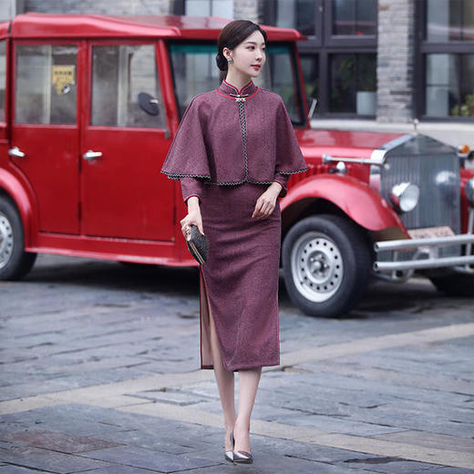 JLM-9308优雅端庄羊毛麻旗袍两件套 商品图0