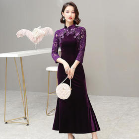 HX-Q68日常气质改良长款镂空拼接丝绒旗袍