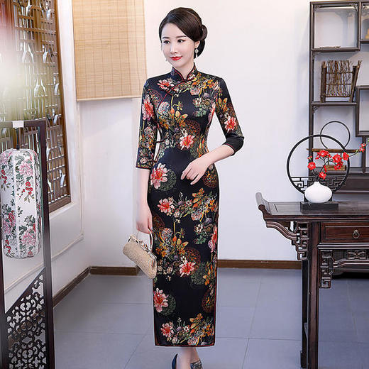 WXG-真丝旗袍长款长袖连衣裙改良秋季新款桑蚕丝 商品图2