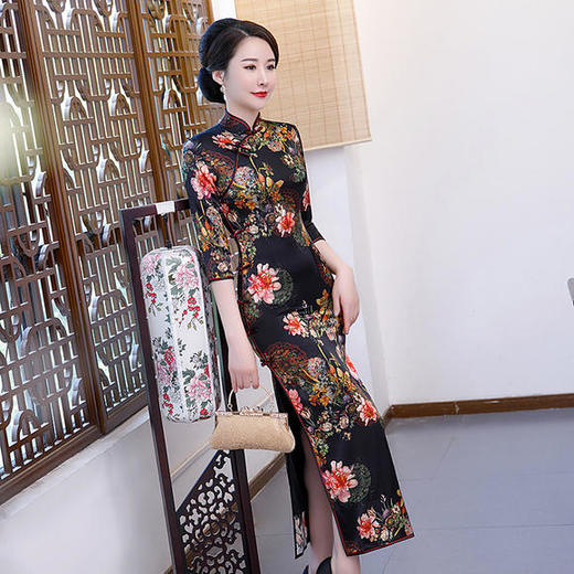 WXG-真丝旗袍长款长袖连衣裙改良秋季新款桑蚕丝 商品图1